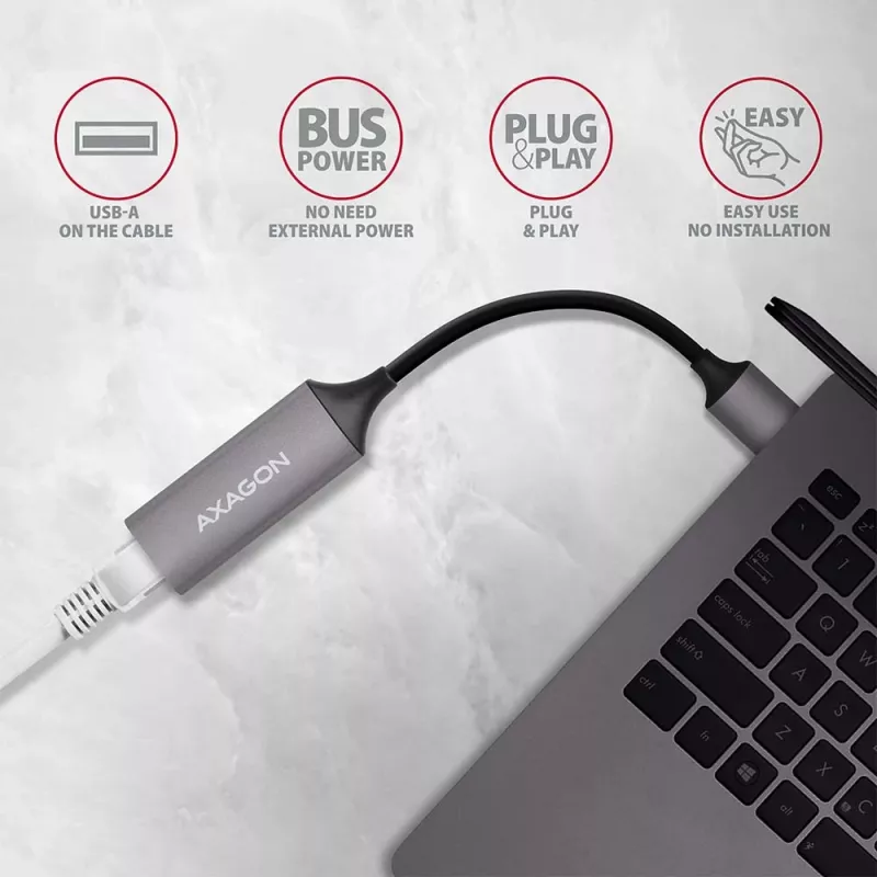 AXAGON USB 3.2 Gen 1 Type-A na Gigabit Ethernet adaptér ADE-TR — 10/100/1000 Mbps, kovová titánová sivá, 5000 Mbit/s