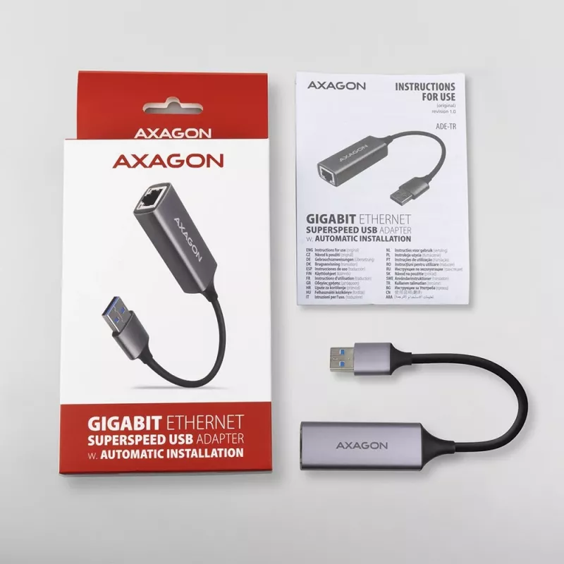 AXAGON USB 3.2 Gen 1 Type-A na Gigabit Ethernet adaptér ADE-TR — 10/100/1000 Mbps, kovová titánová sivá, 5000 Mbit/s
