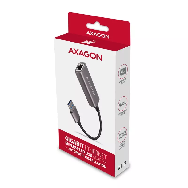 AXAGON USB 3.2 Gen 1 Type-A na Gigabit Ethernet adaptér ADE-TR — 10/100/1000 Mbps, kovová titánová sivá, 5000 Mbit/s