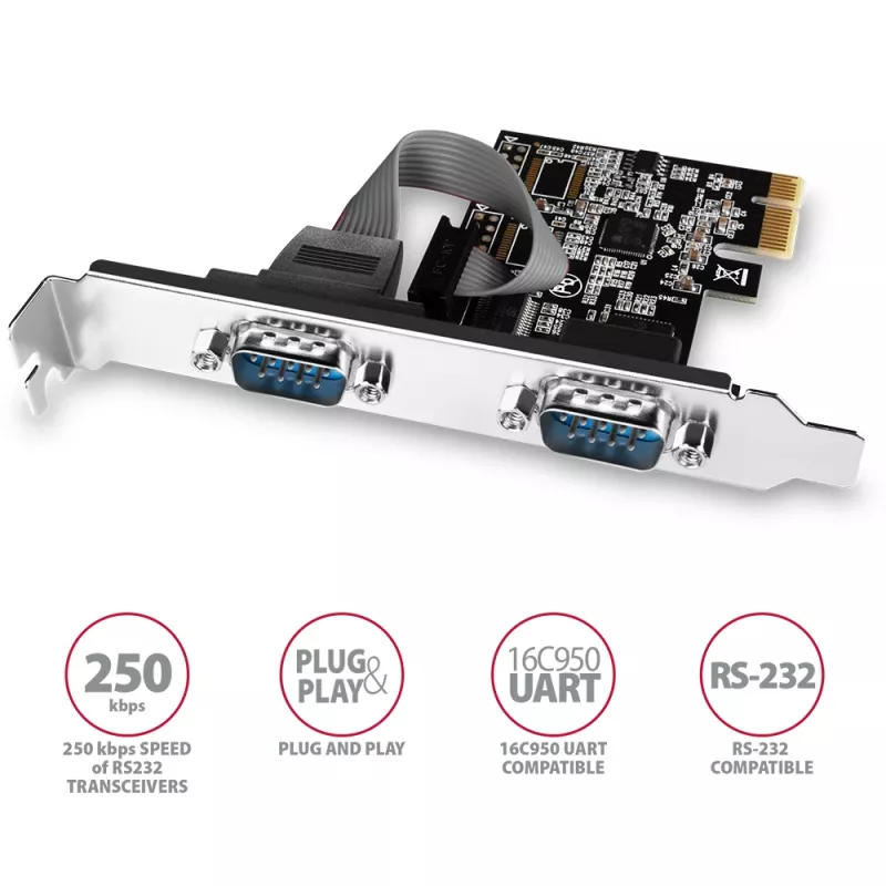 Axagon PCEA-S2N PCIe - 2x sériový konektor 250 kbps adaptér so SP & LP