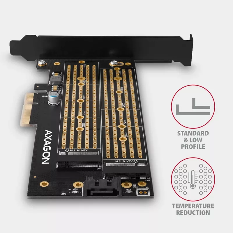 Axagon PCEM2-D PCIe x4 - M.2 NVMe M-Key + SATA B-Key slot adaptér so SP & LP