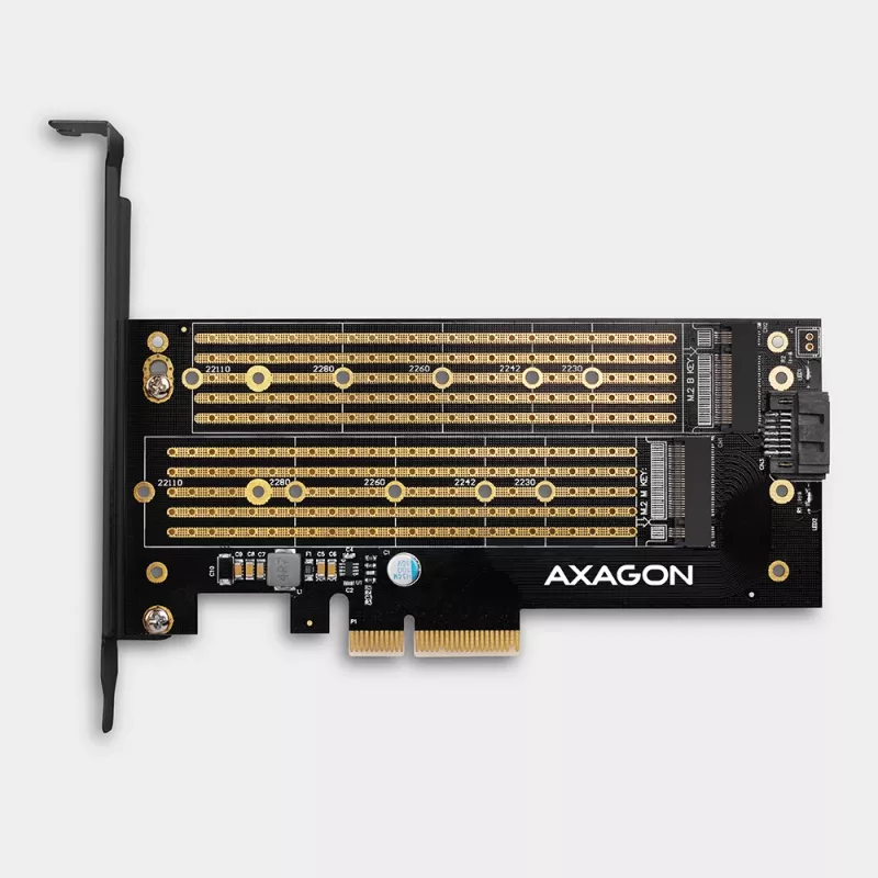 Axagon PCEM2-D PCIe x4 - M.2 NVMe M-Key + SATA B-Key slot adaptér so SP & LP