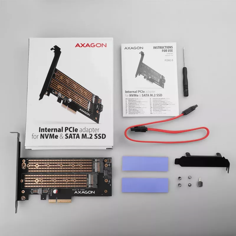 Axagon PCEM2-D PCIe x4 - M.2 NVMe M-Key + SATA B-Key slot adaptér so SP & LP