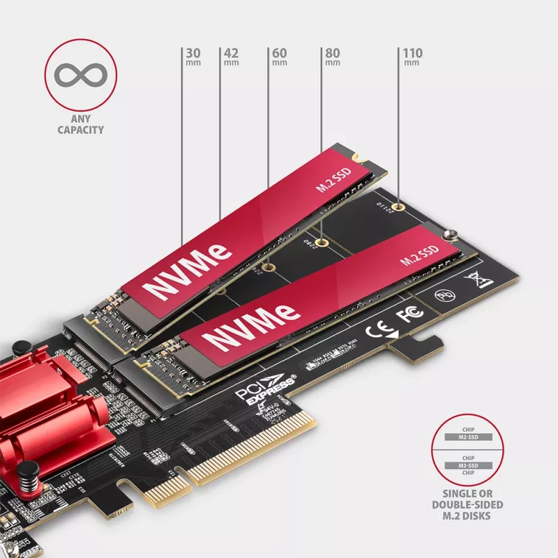 Axagon PCEM2-ND PCIe x8 - duálny M.2 NVMe M-Key slot adaptér, RAID, Dataswitch, so SP & LP