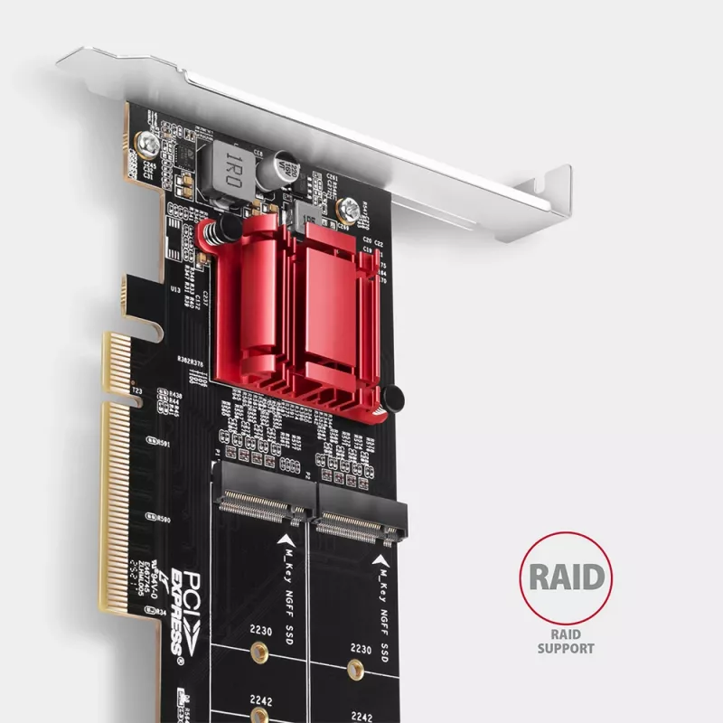 Axagon PCEM2-ND PCIe x8 - duálny M.2 NVMe M-Key slot adaptér, RAID, Dataswitch, so SP & LP