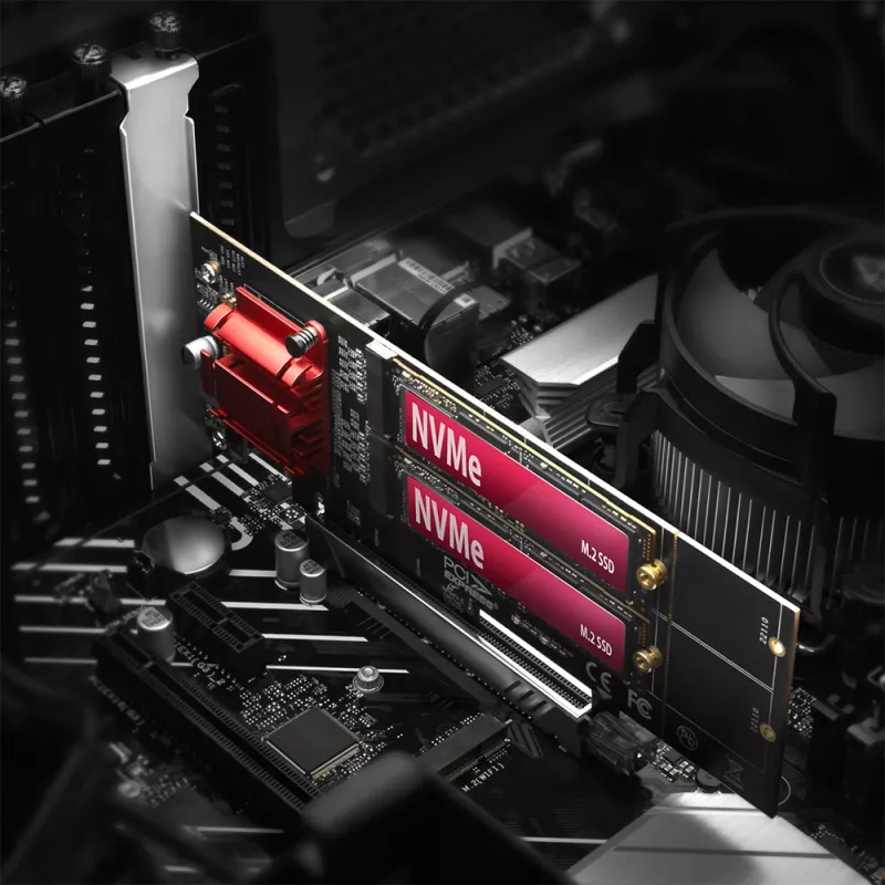 Axagon PCEM2-ND PCIe x8 - duálny M.2 NVMe M-Key slot adaptér, RAID, Dataswitch, so SP & LP