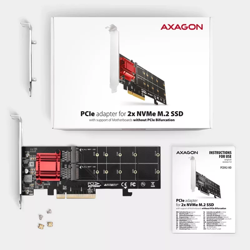 Axagon PCEM2-ND PCIe x8 - duálny M.2 NVMe M-Key slot adaptér, RAID, Dataswitch, so SP & LP