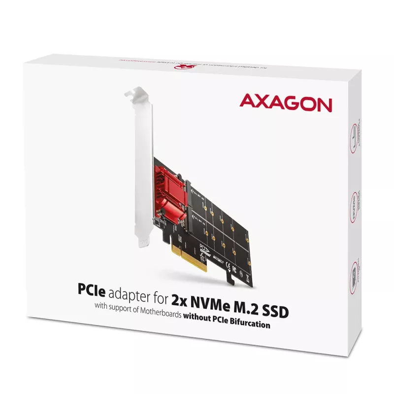 Axagon PCEM2-ND PCIe x8 - duálny M.2 NVMe M-Key slot adaptér, RAID, Dataswitch, so SP & LP