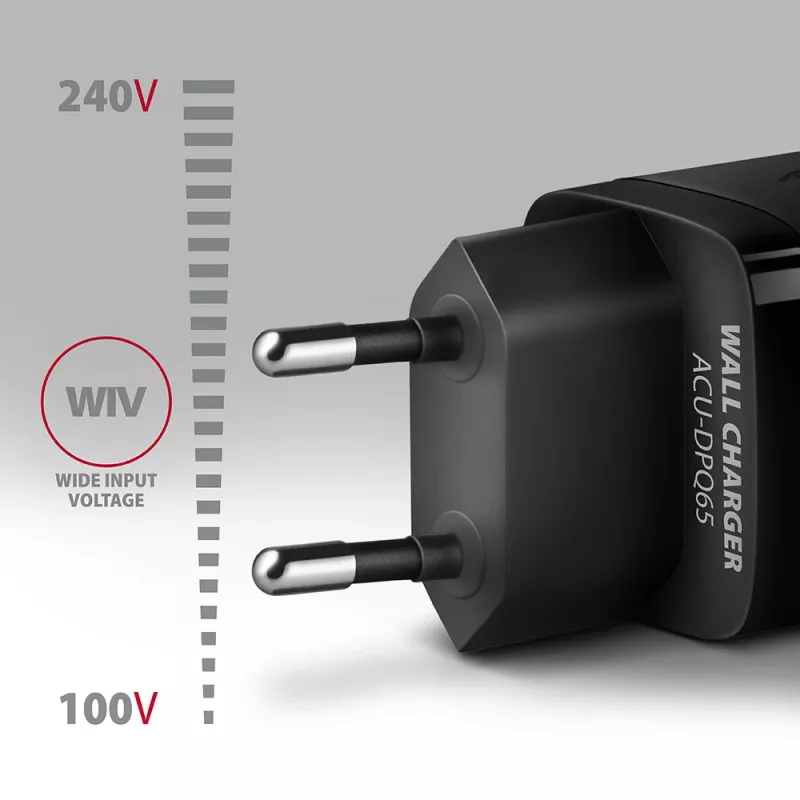 Axagon ACU-DPQ65 GaN nástenná nabíjačka 65W, 3 konektory (USB-A + Dual-USB-C), PD3.0/QC4+/PPS/Apple