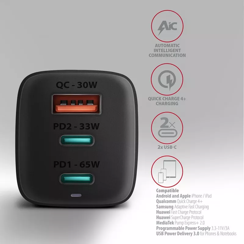 Axagon ACU-DPQ65 GaN nástenná nabíjačka 65W, 3 konektory (USB-A + Dual-USB-C), PD3.0/QC4+/PPS/Apple