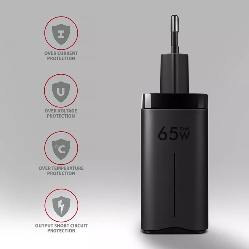 Axagon ACU-DPQ65 GaN nástenná nabíjačka 65W, 3 konektory (USB-A + Dual-USB-C), PD3.0/QC4+/PPS/Apple