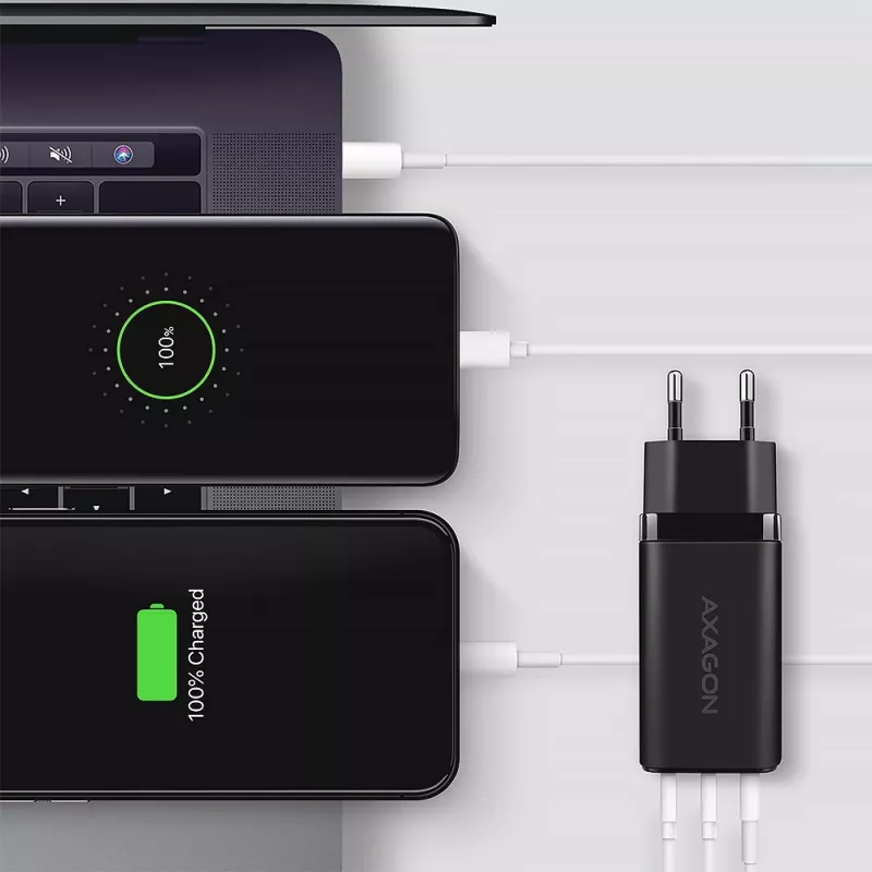 Axagon ACU-DPQ65 GaN nástenná nabíjačka 65W, 3 konektory (USB-A + Dual-USB-C), PD3.0/QC4+/PPS/Apple