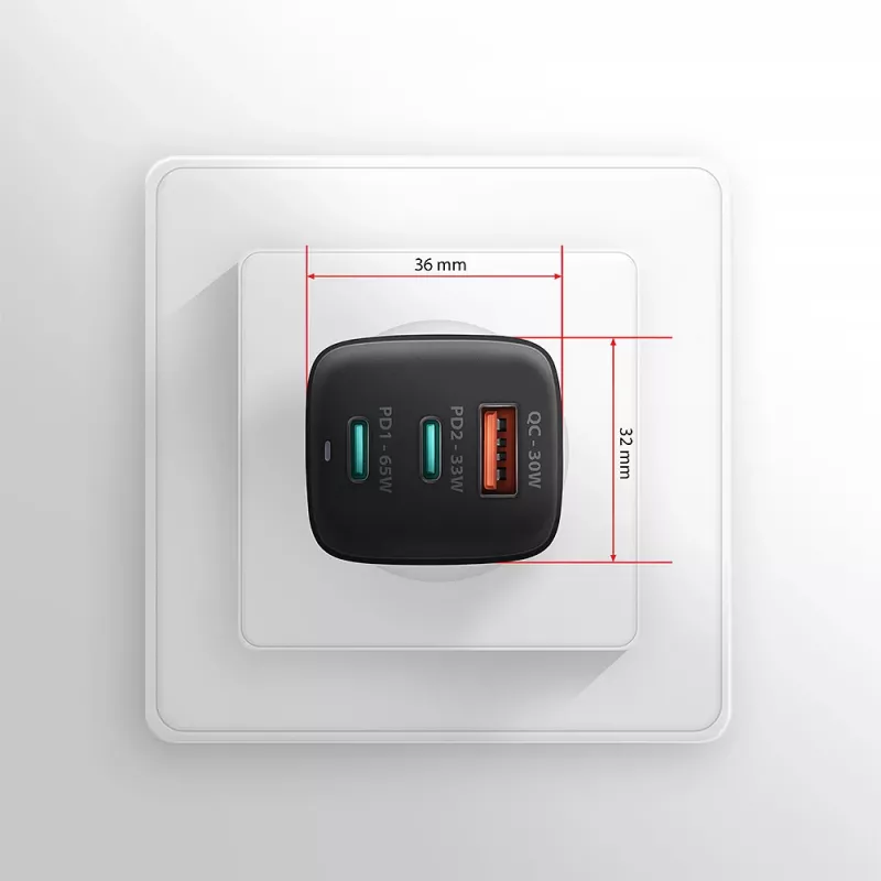 Axagon ACU-DPQ65 GaN nástenná nabíjačka 65W, 3 konektory (USB-A + Dual-USB-C), PD3.0/QC4+/PPS/Apple