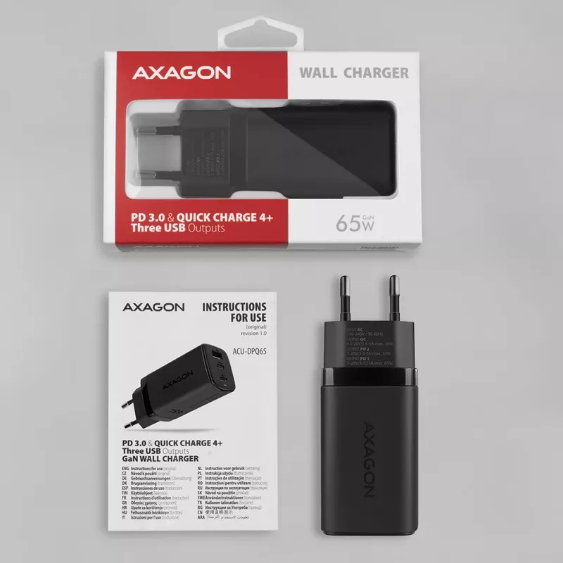 Axagon ACU-DPQ65 GaN nástenná nabíjačka 65W, 3 konektory (USB-A + Dual-USB-C), PD3.0/QC4+/PPS/Apple