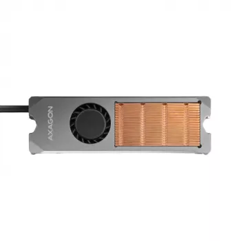 Axagon CLR-M2FAN medený chladič s ventilátorom pre jednostranné a obojstranné M.2-SSD disky, veľkosť 2280, výška 13 mm.