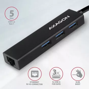 Axagon HMA-GL3A multiport hub USB 3.0 Type A Gbit-LAN 3x USB-A microSD káblový USB 3.2 Gen 1 (3.1 Gen 1) Type-A čierna