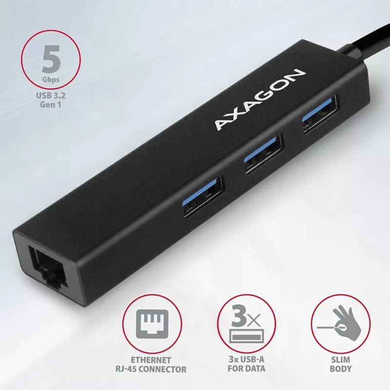 Axagon HMA-GL3A multiport hub USB 3.0 typ A Gbit-LAN 3x USB-A microSD káblový USB 3.2 Gen 1 (3.1 Gen 1) Type-A čierny