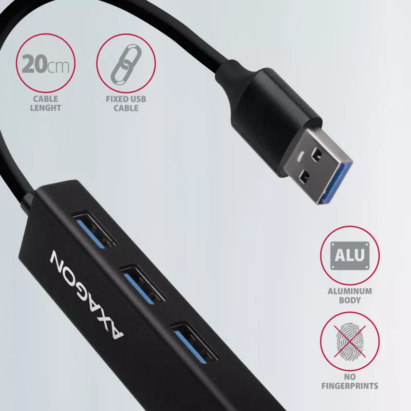 Axagon HMA-GL3A multiport hub USB 3.0 typ A Gbit-LAN 3x USB-A microSD káblový USB 3.2 Gen 1 (3.1 Gen 1) Type-A čierny