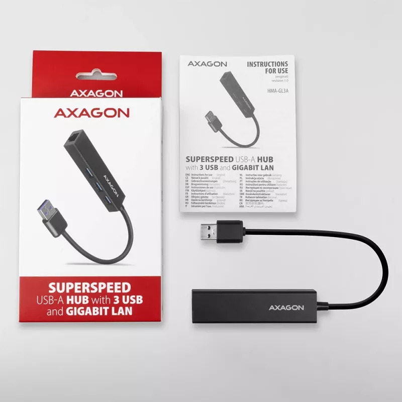 Axagon HMA-GL3A multiport hub USB 3.0 typ A Gbit-LAN 3x USB-A microSD káblový USB 3.2 Gen 1 (3.1 Gen 1) Type-A čierny