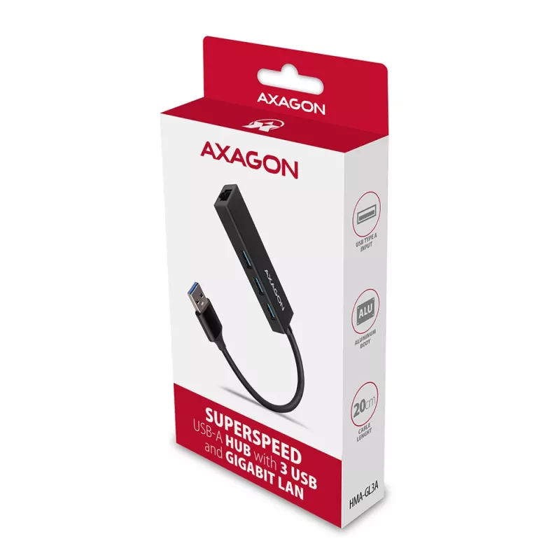 Axagon HMA-GL3A multiport hub USB 3.0 typ A Gbit-LAN 3x USB-A microSD káblový USB 3.2 Gen 1 (3.1 Gen 1) Type-A čierny