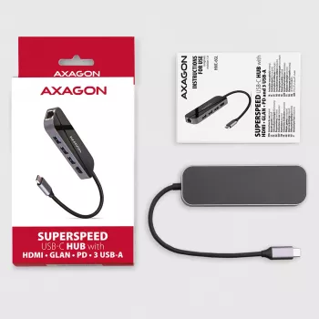 Axagon HMC-6GL USB 3.2 Gen 1 hub, 3x USB-A, HDMI 4K/30Hz, RJ-45, PD 100W, 20 cm USB-C kábel