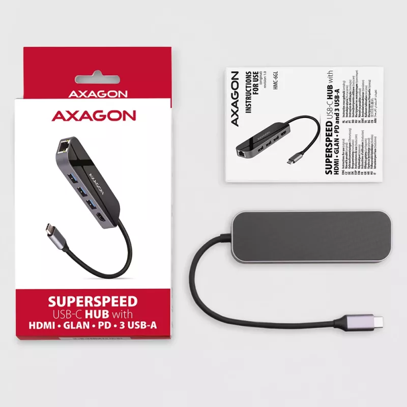 Axagon HMC-6GL USB 3.2 Gen 1 hub, 3x USB-A, HDMI 4K/30Hz, RJ-45, PD 100W, 20 cm USB-C kábel