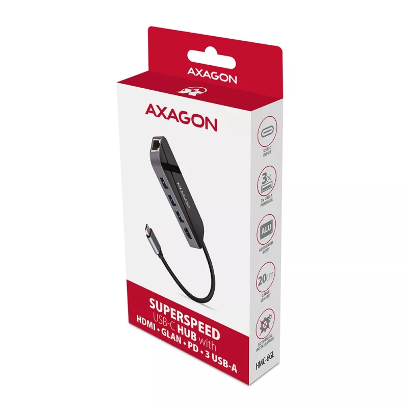 Axagon HMC-6GL USB 3.2 Gen 1 hub, 3x USB-A, HDMI 4K/30Hz, RJ-45, PD 100W, 20 cm USB-C kábel