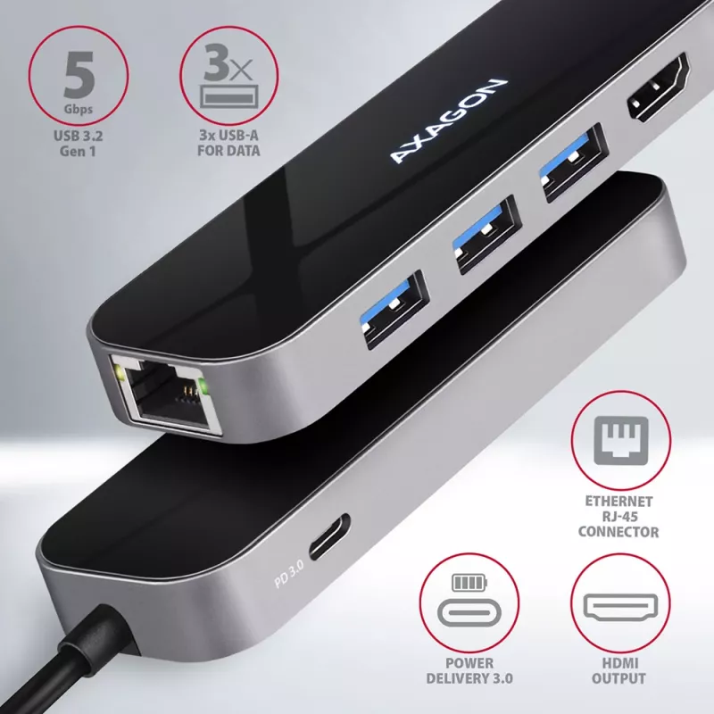 Axagon HMC-6GL USB 3.2 Gen 1 hub, 3x USB-A, HDMI 4K/30Hz, RJ-45, PD 100W, 20 cm USB-C kábel