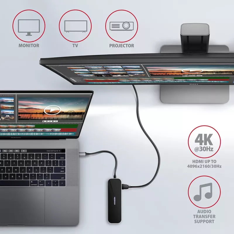 Axagon HMC-6GL USB 3.2 Gen 1 hub, 3x USB-A, HDMI 4K/30Hz, RJ-45, PD 100W, 20 cm USB-C kábel