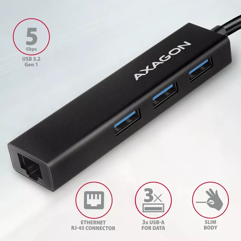 USB-C hub Axagon HMC-GL3A 3x USB-A Gbit-LAN čierny