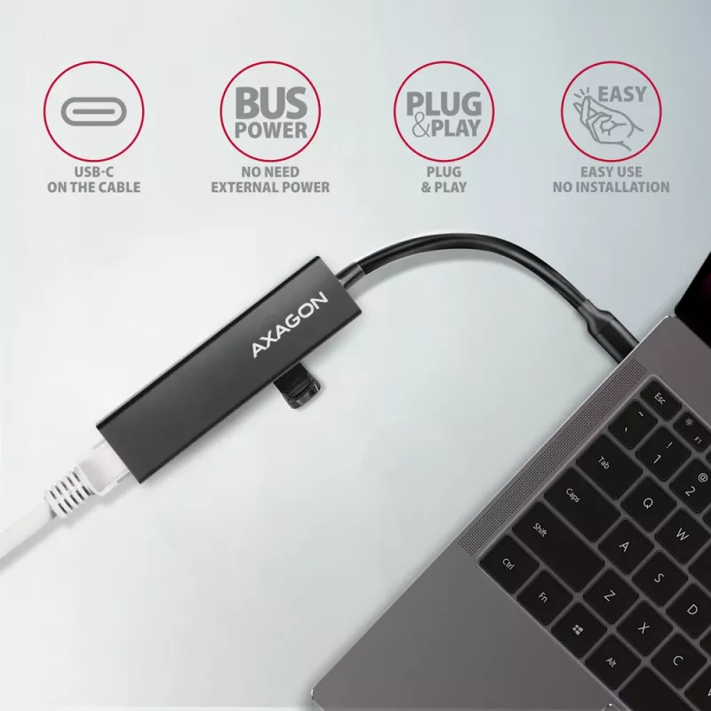 USB-C hub Axagon HMC-GL3A 3x USB-A Gbit-LAN čierny