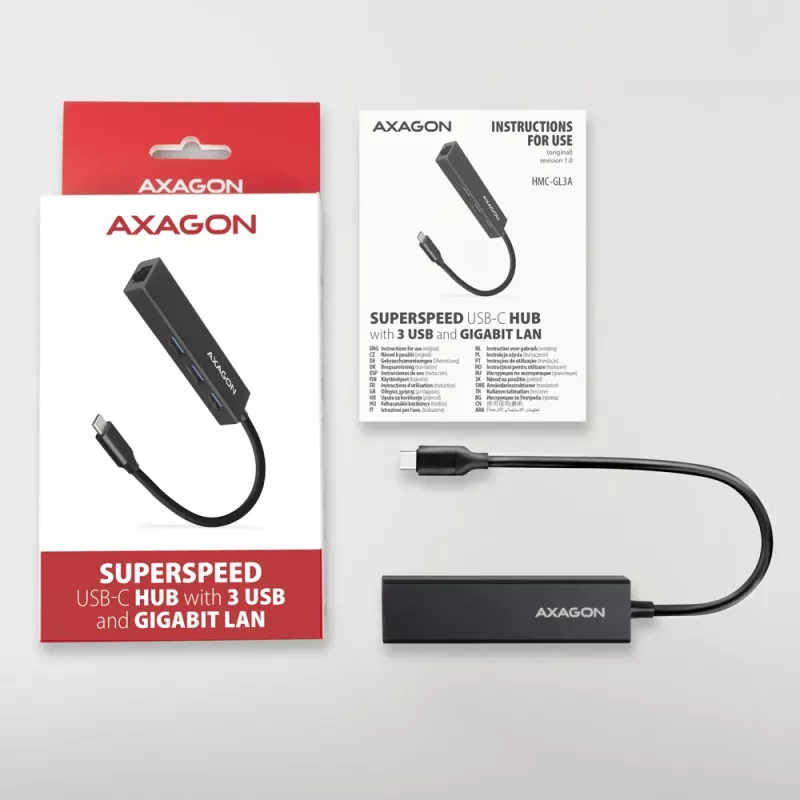 USB-C hub Axagon HMC-GL3A 3x USB-A Gbit-LAN čierny