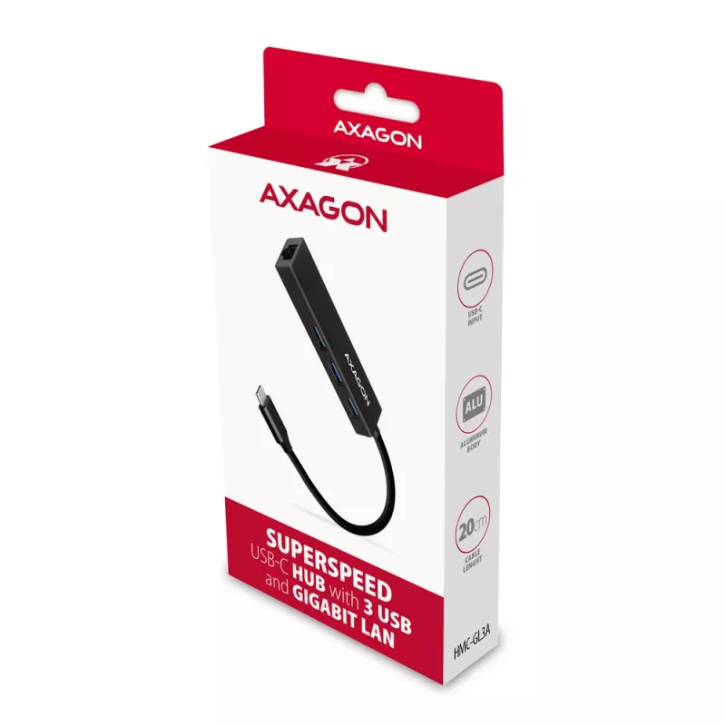 USB-C hub Axagon HMC-GL3A 3x USB-A Gbit-LAN čierny