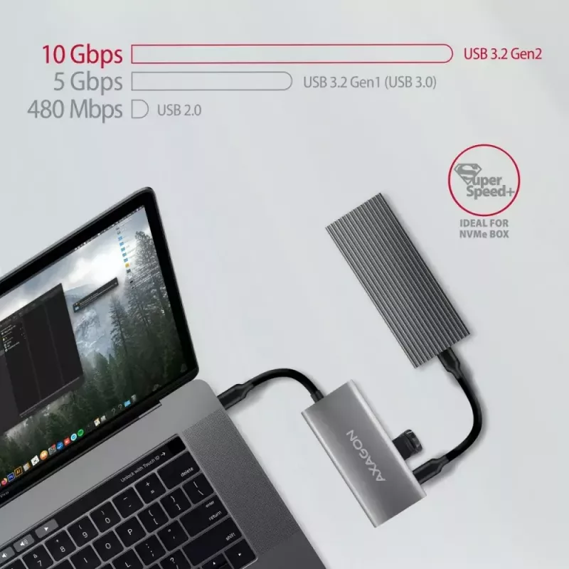 AXAGON HMC-4G2, USB-C 3.2 Gen 2 10 Gb/s hub, konektory 2x USB-A + 2x USB-C, kábel USB-C 13cm