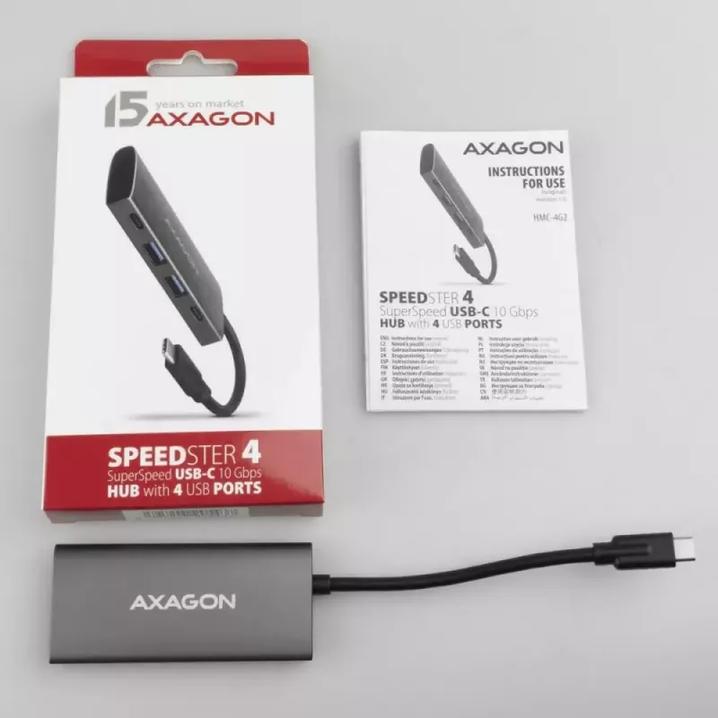 AXAGON HMC-4G2, USB-C 3.2 Gen 2 10 Gb/s hub, konektory 2x USB-A + 2x USB-C, kábel USB-C 13cm