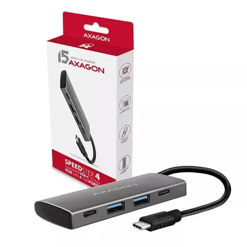AXAGON HMC-4G2, USB-C 3.2 Gen 2 10 Gb/s hub, konektory 2x USB-A + 2x USB-C, kábel USB-C 13cm