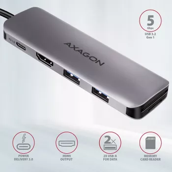 Axagon HMC-5 USB 3.2 Gen 1 hub, 2x USB-A, HDMI, SD/microSD, PD 100W, 20 cm USB-C kábel