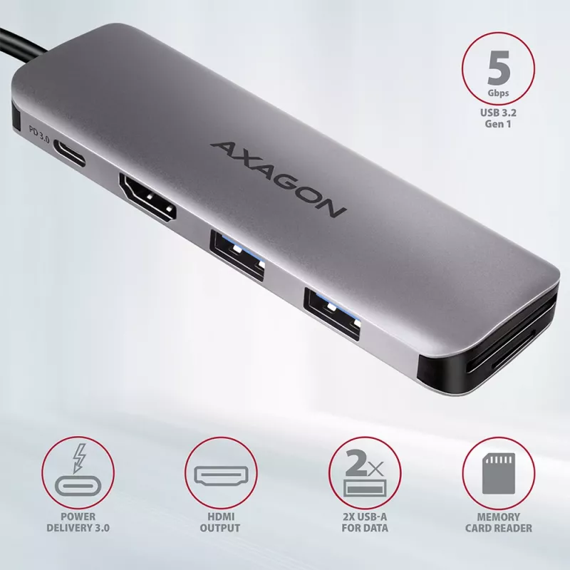Axagon HMC-5 USB 3.2 Gen 1 hub, 2x USB-A, HDMI, SD/microSD, PD 100W, 20 cm USB-C kábel