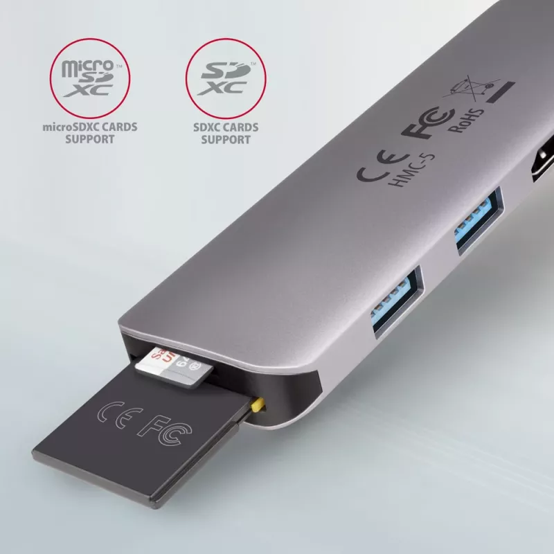 Axagon HMC-5 USB 3.2 Gen 1 hub, 2x USB-A, HDMI, SD/microSD, PD 100W, 20 cm USB-C kábel