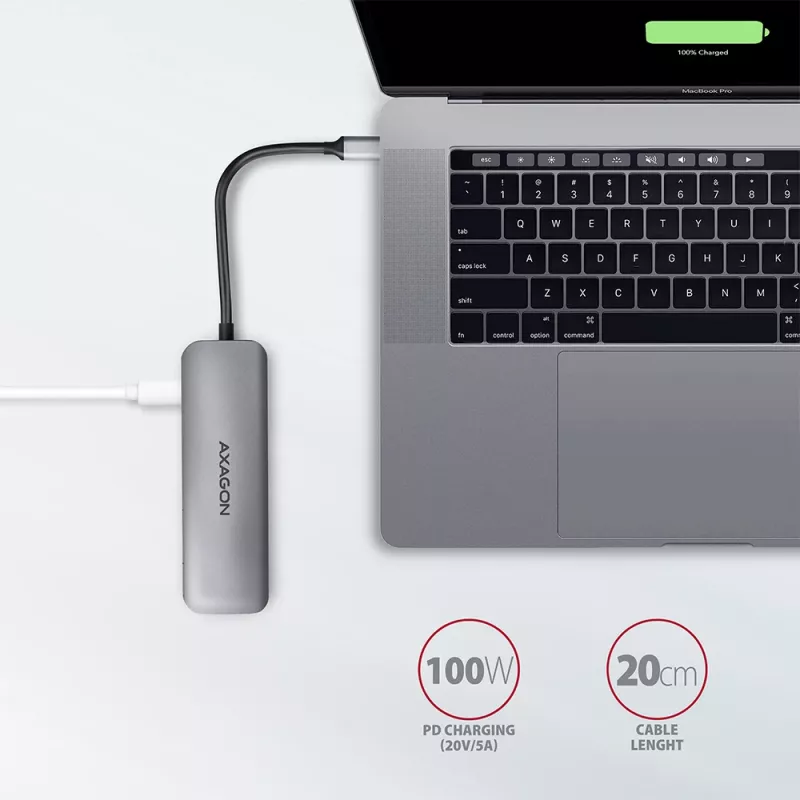 Axagon HMC-5 USB 3.2 Gen 1 hub, 2x USB-A, HDMI, SD/microSD, PD 100W, 20 cm USB-C kábel