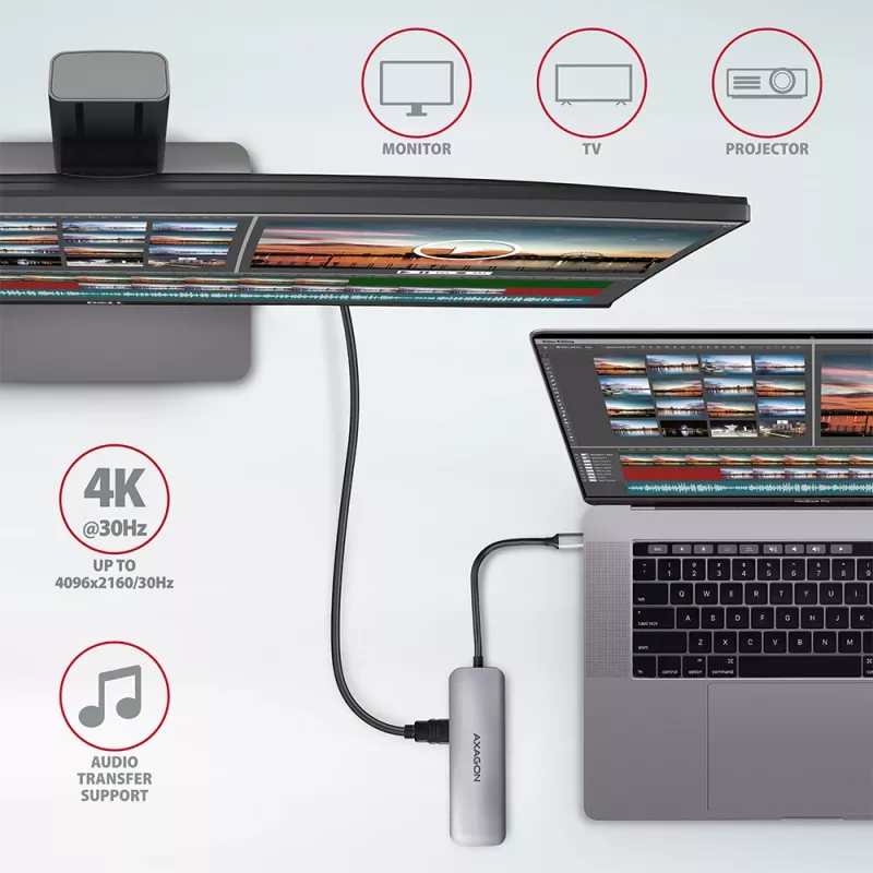 Axagon HMC-5 USB 3.2 Gen 1 hub, 2x USB-A, HDMI, SD/microSD, PD 100W, 20 cm USB-C kábel