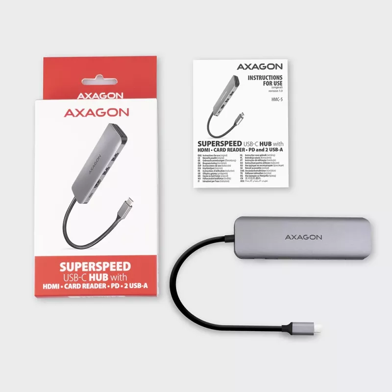 Axagon HMC-5 USB 3.2 Gen 1 hub, 2x USB-A, HDMI, SD/microSD, PD 100W, 20 cm USB-C kábel
