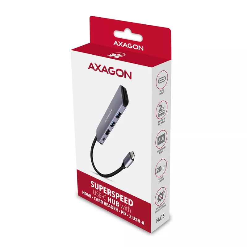 Axagon HMC-5 USB 3.2 Gen 1 hub, 2x USB-A, HDMI, SD/microSD, PD 100W, 20 cm USB-C kábel