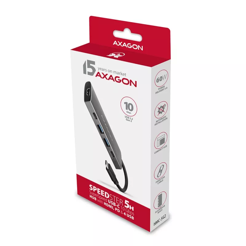 Axagon HMC-5G2 SPEEDSTER rozbočovač USB-C 5 v 1, 2x USB-A, 2x USB-C, HDMI, PD 60 W