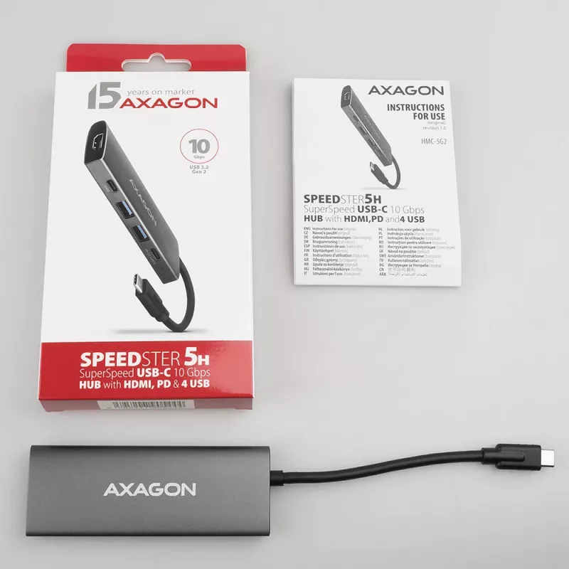 Axagon HMC-5G2 SPEEDSTER rozbočovač USB-C 5 v 1, 2x USB-A, 2x USB-C, HDMI, PD 60 W