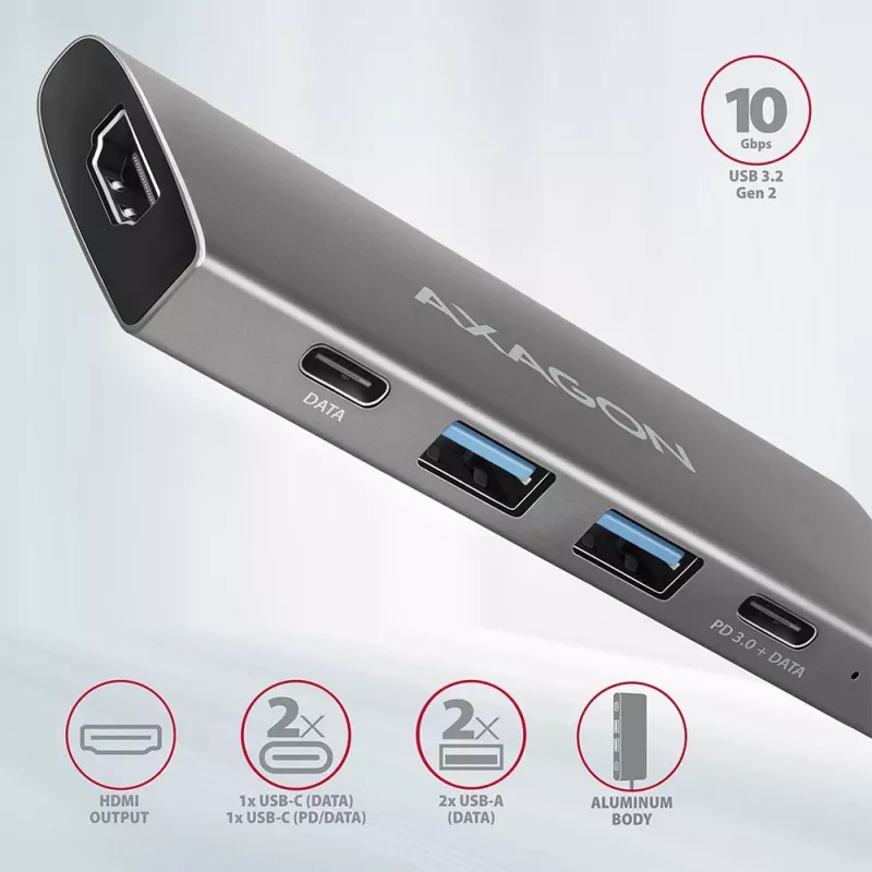 Axagon HMC-5G2 SPEEDSTER rozbočovač USB-C 5 v 1, 2x USB-A, 2x USB-C, HDMI, PD 60 W
