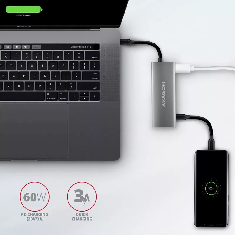 Axagon HMC-5G2 SPEEDSTER rozbočovač USB-C 5 v 1, 2x USB-A, 2x USB-C, HDMI, PD 60 W