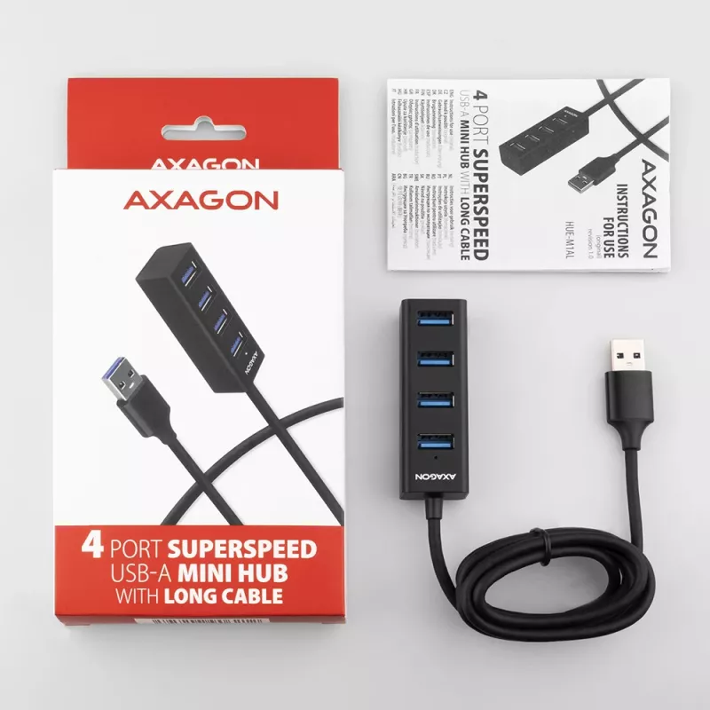 Axagon HUE-M1AL 4x USB 3.2 Gen 1 MINI-hub, kov, 1,2 m USB-A kábel