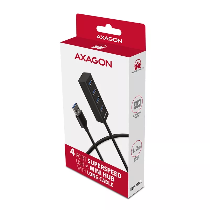 Axagon HUE-M1AL 4x USB 3.2 Gen 1 MINI-hub, kov, 1,2 m USB-A kábel
