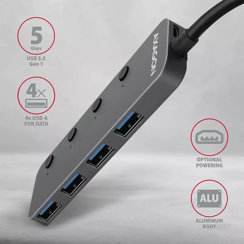 Axagon HUE-MSA Superspeed USB-A switch hub 4x USB 3.0 aktívny - 20cm čierny USB 3.2 Gen 1 (3.1 Gen 1) Type-A 5000 Mbit/s sivý